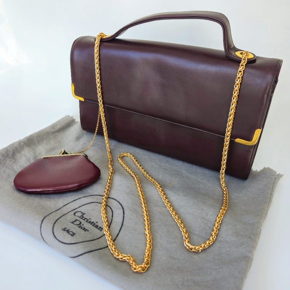 VINTAGE Christian Dior Burgundy Leather Shoulder Bag 80s